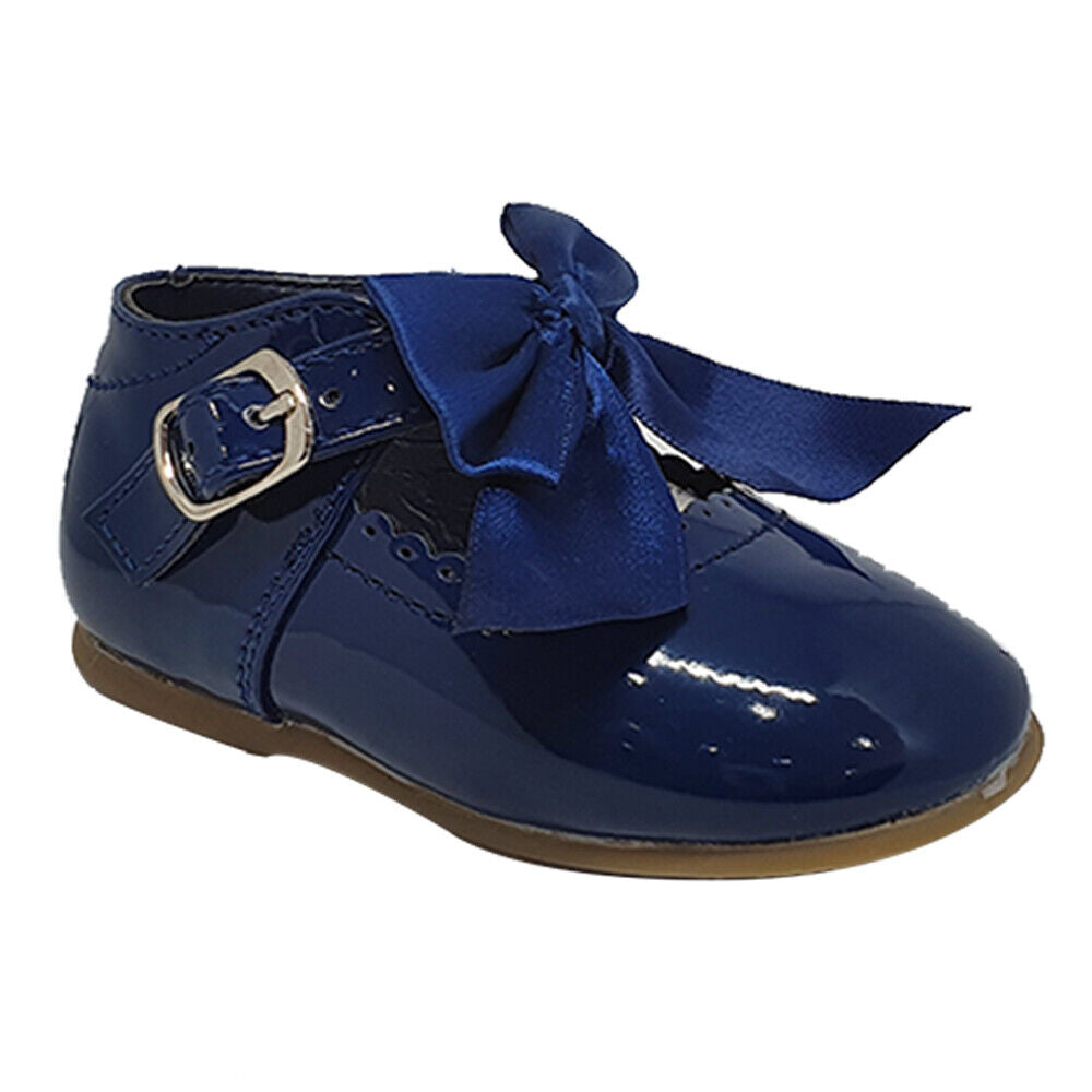 GIRLS NAVY BLUE PATENT MARY JANE BOW SHOES