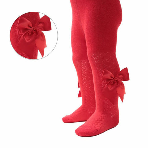 GIRLS FANCY RED TIGHTS WITH SATIN BOWS