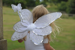 SILVER WHITE FAIRY WINGS AND WAND SET