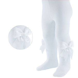 GIRLS FANCY WHITE TIGHTS WITH SATIN BOWS